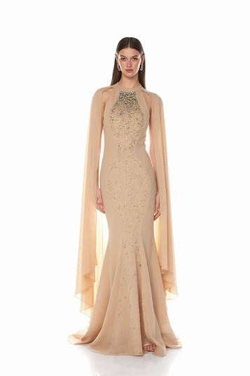 Beige Halter Neck Cape Evening Dress